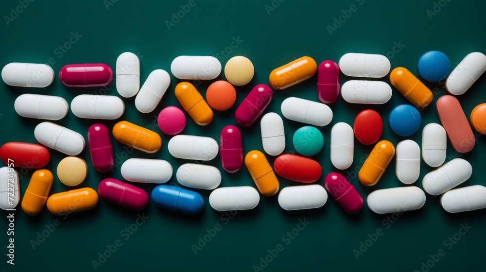 Multiple colorful medical pills and capsules scattered on a dark green background, health care concept.