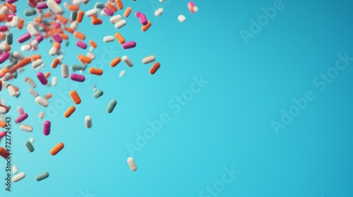 Multicolored capsules and pills floating with a dynamic sense of motion against a blue background.