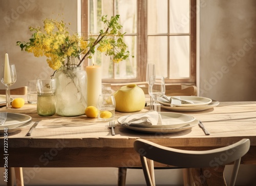  a wooden table topped with a vase filled with yellow flowers next to a table with plates and utensils.