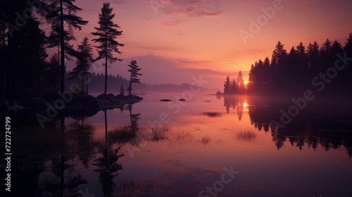 A serene sunrise over a misty forest lake, with trees reflecting in the calm water.