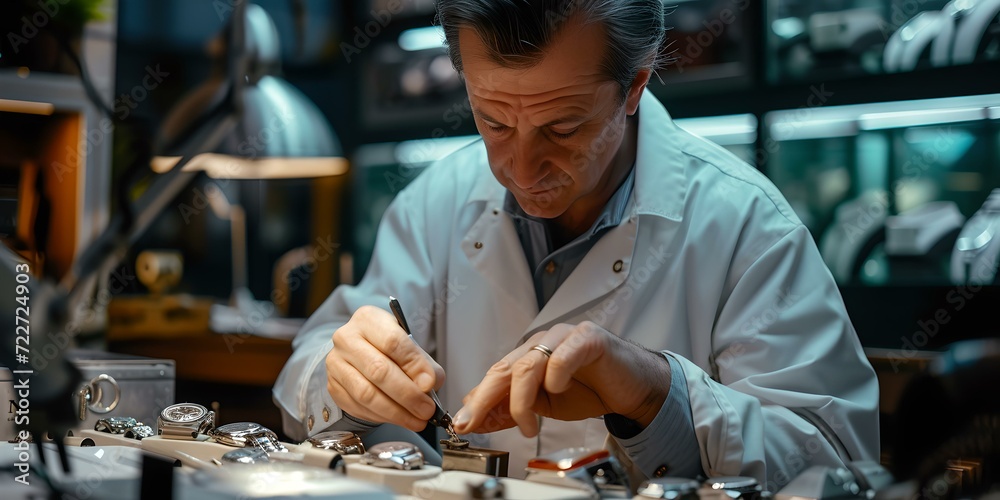 Skilled watchmaker repairs timepiece in workshop. focus on craftsmanship. artisan at work. perfect for advertising precision jobs. AI Skilled watchmaker repairs timepiece in workshop. focus on craftsmanship. artisan at work. perfect for advertising precision jobs. AI