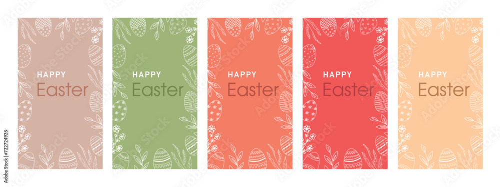 Happy Easter color cards with Easter eggs and flowers in pastel colors. Easter posters, covers, templates.