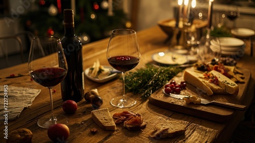  a wooden table topped with wine glasses filled with red wine next to cheese and crackers and a bottle of wine.