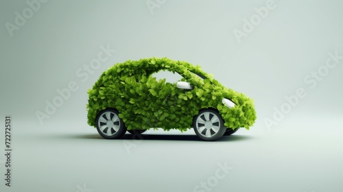 Conceptual eco-friendly car covered in lush green leaves, representing sustainable and green transportation.