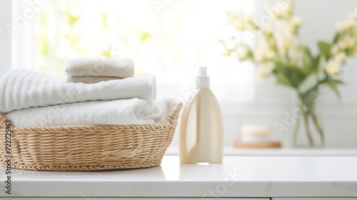 A serene spa setting with white fluffy towels in a wicker basket  a cosmetic bottle  and flowers  creating a peaceful ambiance.