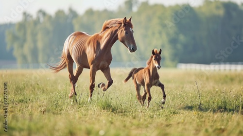  a horse and a foal running in a field of grass with trees in the backgroup.