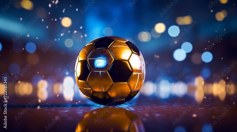 Fototapeta premium A striking golden soccer ball illuminated by gleaming lights on a reflective surface with a bokeh effect.