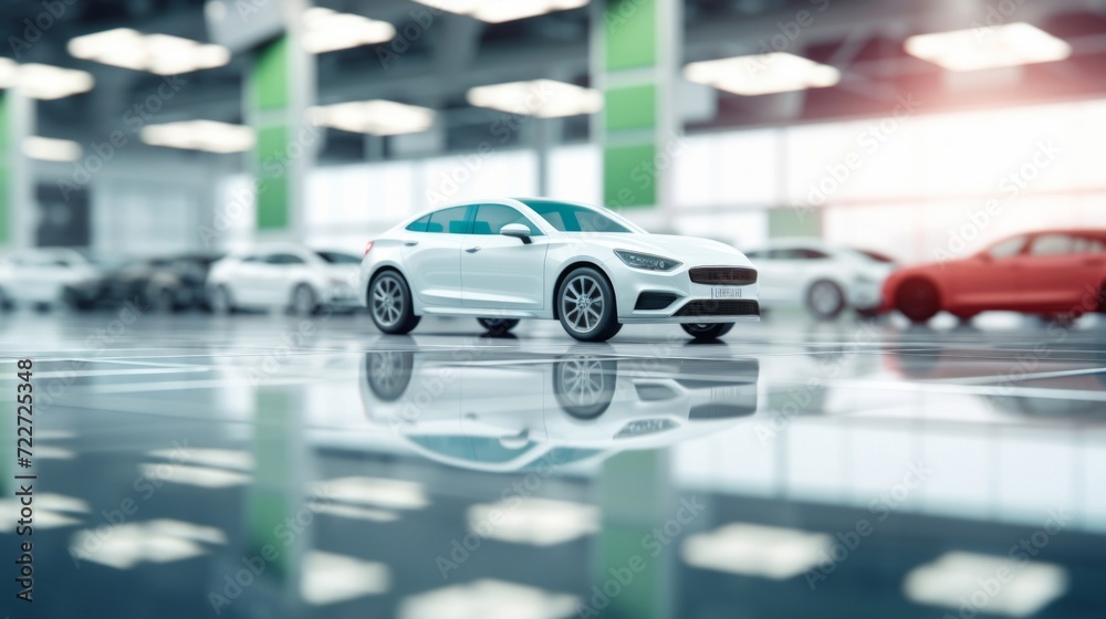 A sleek white sedan showcased in a modern car dealership, representing style and automotive luxury. A sleek white sedan showcased in a modern car dealership, representing style and automotive luxury.