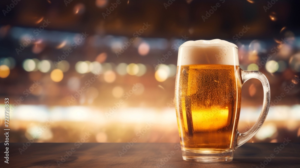 A refreshing beer mug with froth over a blurred bar background, symbolizing leisure and social gatherings.