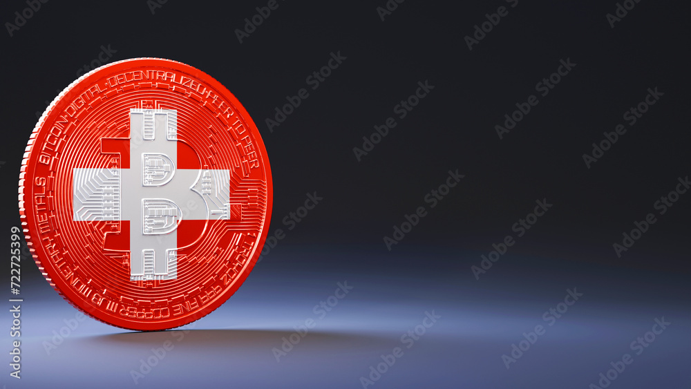 Obraz premium Bitcoin with Switzerland national flag on dark background with copy space for presenation. 3d rendering