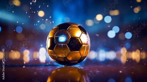 A striking golden soccer ball illuminated by gleaming lights on a reflective surface with a bokeh effect. © red_orange_stock