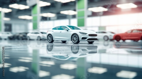 A sleek white sedan showcased in a modern car dealership, representing style and automotive luxury. © red_orange_stock