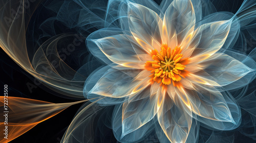  a white flower with a yellow center surrounded by orange and blue swirls on a black background with a yellow center in the center.