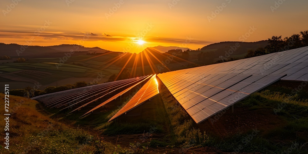 Sunset over solar panels in rural landscape. harnessing renewable energy. clean power generation concept. AI - obrazy, fototapety, plakaty 