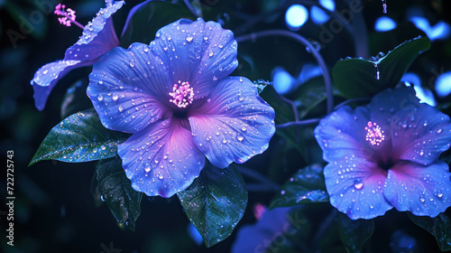  a close up of a blue flower with drops of water on it and a green leafy tree in the background.