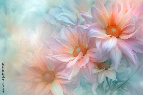 Dreamy and artistic floral background: close-up of colorful asteraceae like daisy composition with soft and gentle hues background, pestle color theme, bokeh effect... © Kuo
