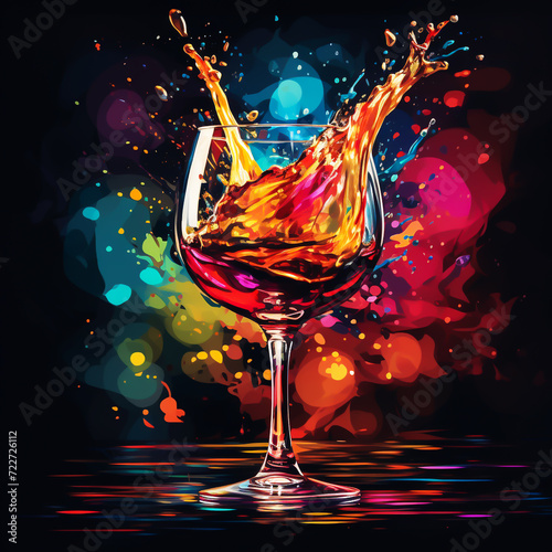 colorful wine glass painting Team with wine splashing, colorful, abstract