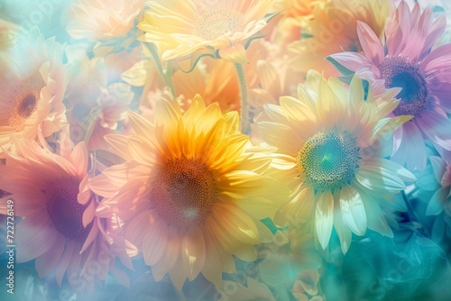 Dreamy and artistic floral background: close-up of colorful sunflowers composition with soft and gentle hues background, pestle color theme, bokeh effect... photo