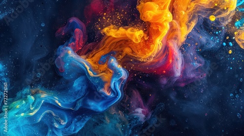  a blue, yellow, and red liquid swirls in the center of a blue, yellow, and red background.