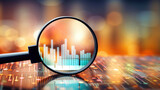 Magnifying Glass Revealing City Background. Business Control over quotes and shares. Market research. Trader.