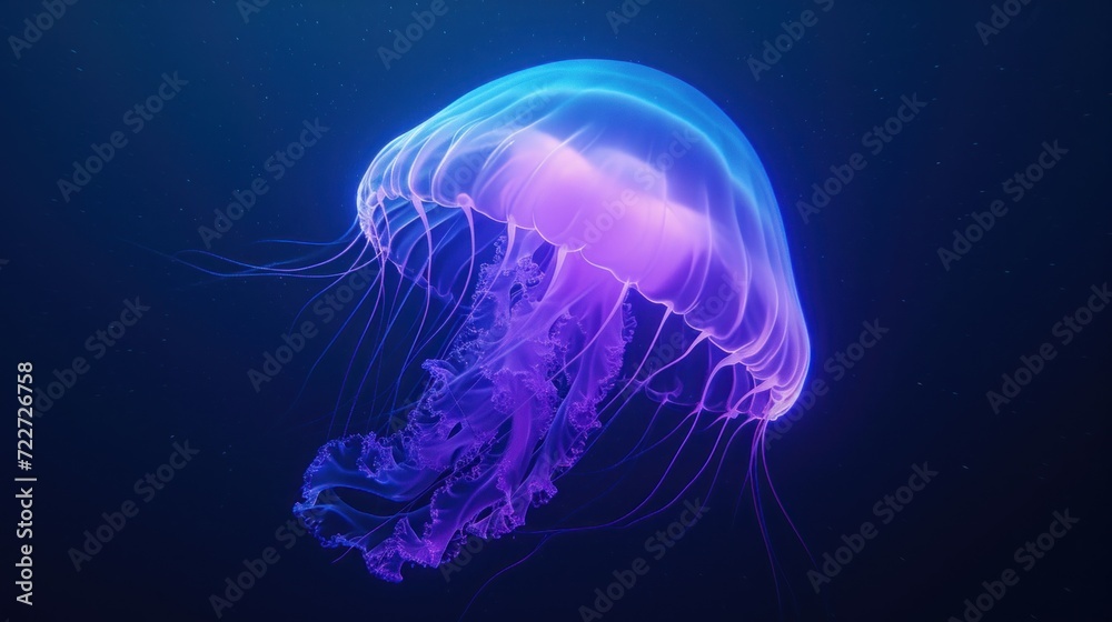  a close up of a jellyfish in a blue and purple color scheme with water droplets on the bottom of the jellyfish's head.