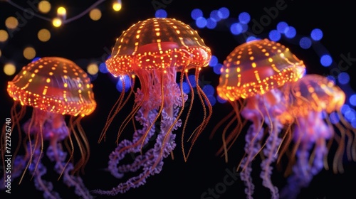  a group of jellyfish in a dark room with colorful lights on the sides of their heads and back of their heads. © Olga