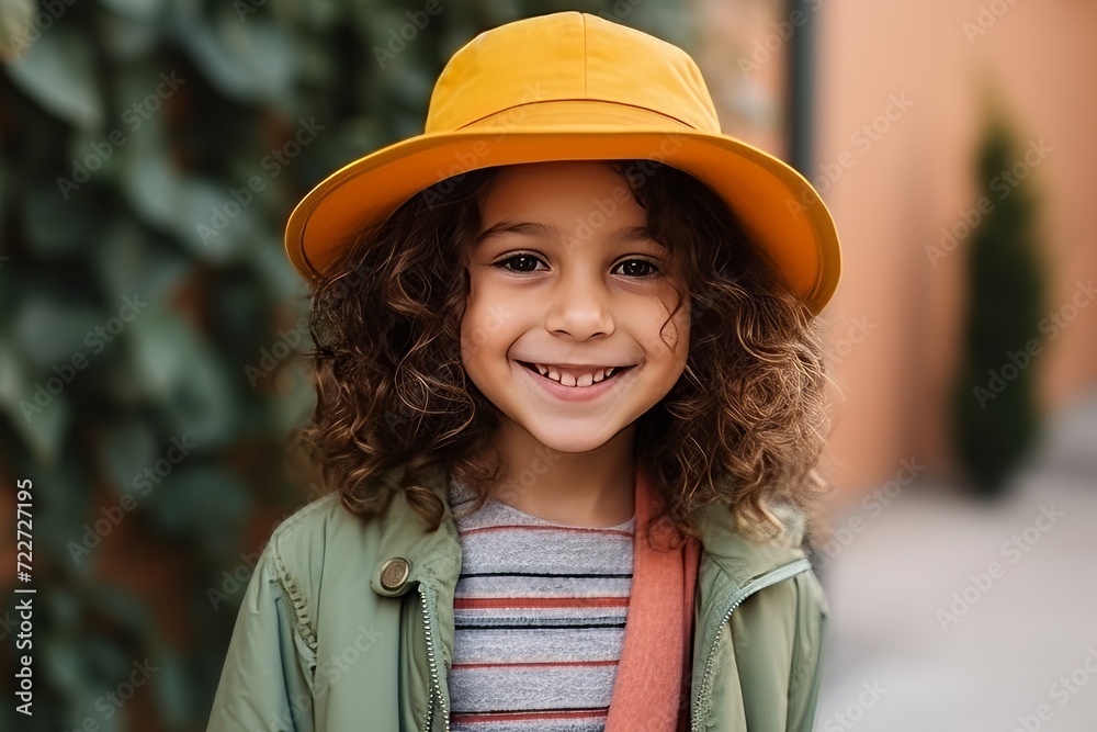 Portrait of a cute little girl in a yellow hat and coat Portrait of a cute little girl in a yellow hat and coat