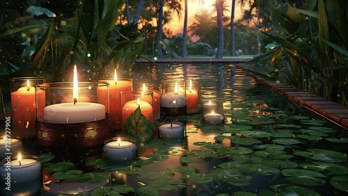 Luminous Reflections: Soft Candlelight Meets Water in a Bamboo-Encased Pond