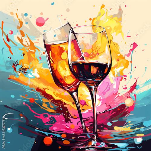 colorful wine glass painting Team with wine splashing, colorful, abstract