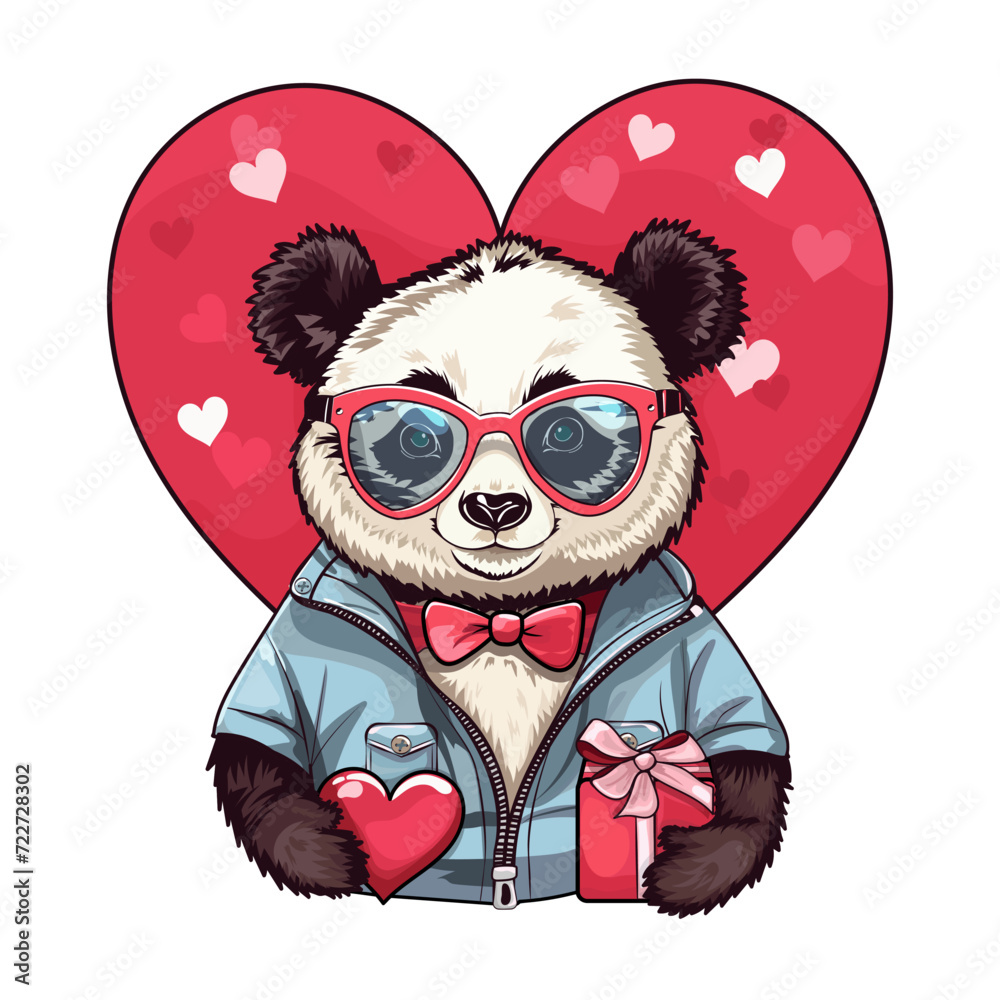 Vector illustration with a cute panda with glasses holding a heart and a gift. Can be used for a romantic card or sticker for Valentines Day or birthday.