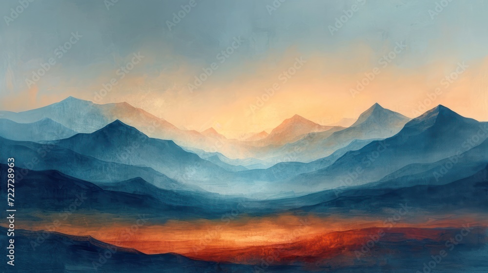  a painting of a mountain range in the distance with a sunset in the foreground and a cloudy sky in the background.