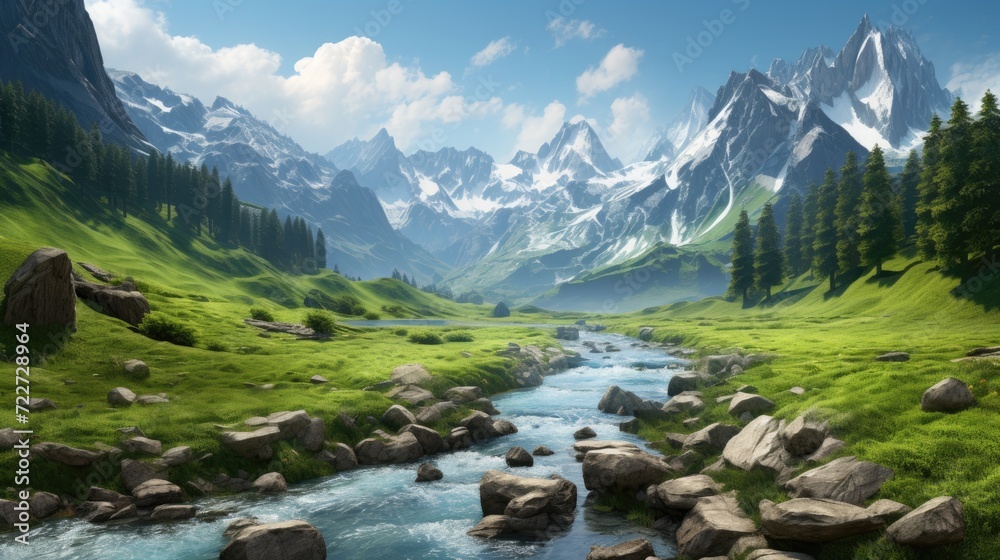 Fantastic mountain landscape with a river. Generative AI Fantastic mountain landscape with a river. Generative AI