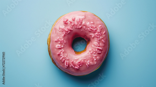 pink frosted donuts on a bold blue minimalist background.  Strawberry Donut stock photo