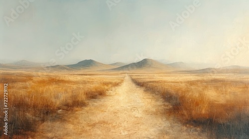  a painting of a dirt road in the middle of a field with a mountain range in the distance in the distance.