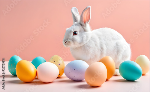 Easter a bunny and eggs on indoor. copy space. template. Generative AI