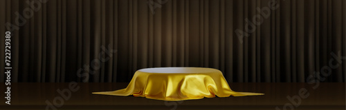 Round podium covered with golden satin cloth on theater stage with black curtain. Vector realistic illustration of product presentation platform, award ceremony pedestal on floor in concert hall