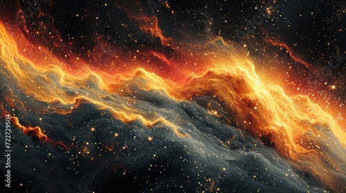  an image of a space scene with stars and a bright orange and yellow star in the center of the image.