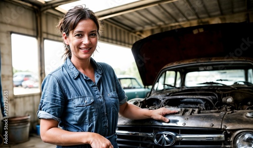 A female mechanic fixing a car or engine, displaying joy and enthusiasm in her work, making maintenance look like a delightful and enjoyable activity. © Portrait Studio