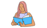 line art color of girl reading book vector illustration