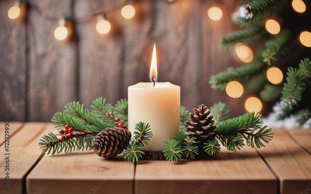 AdventBurning candle with fir branches on wooden table against blurred lights
