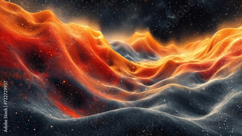  a computer generated image of a red and yellow wave with stars in the background and a black sky filled with stars.