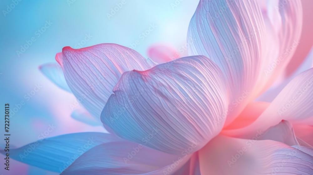  a close up of a pink flower on a blue and pink background with a blurry image of the petals.