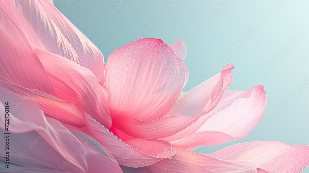  a close up of a pink flower on a light blue background with a blurry image of a pink flower.