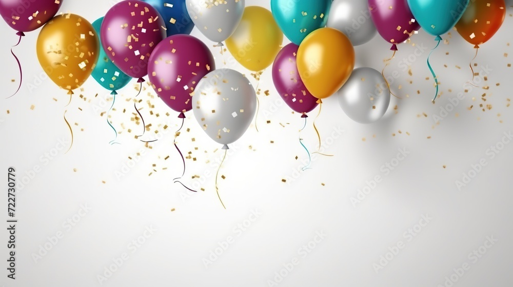 Colorful balloons with confetti on a white background. Happy birthday, mother day and valentine day celebration backdrop. Generative AI