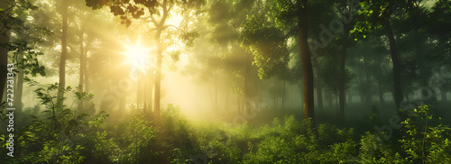 Panoramic view of a forest with sun rays piercing through the trees  creating a beautiful sunrise over the green landscape. A depiction of the serene and natural beauty of a green forest in nature.