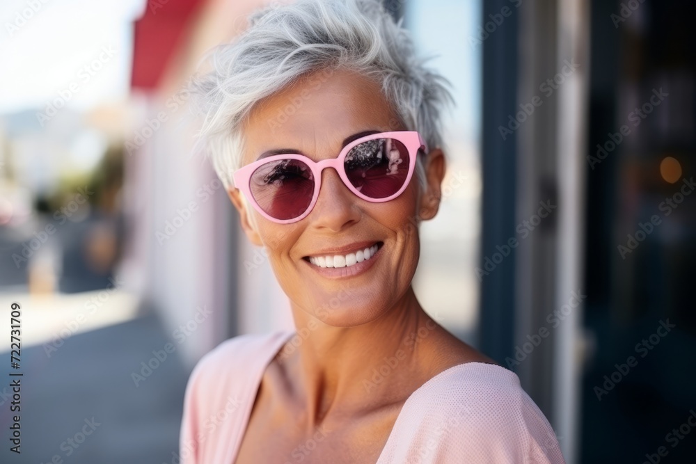 Closeup portrait of a beautiful middle aged woman smiling with pink sunglasses Closeup portrait of a beautiful middle aged woman smiling with pink sunglasses