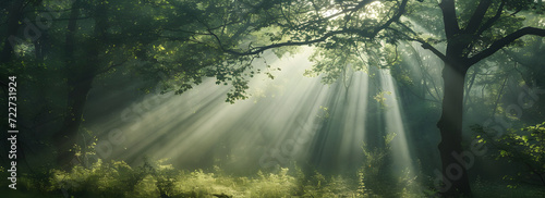 Panoramic view of a forest with sun rays piercing through the trees  creating a beautiful sunrise over the green landscape. A depiction of the serene and natural beauty of a green forest in nature.