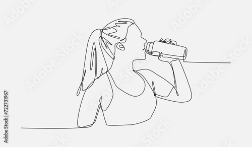 woman drinking water in bottle after workout, gym. continuous one line drawing style. editable stroke. vector illustration.