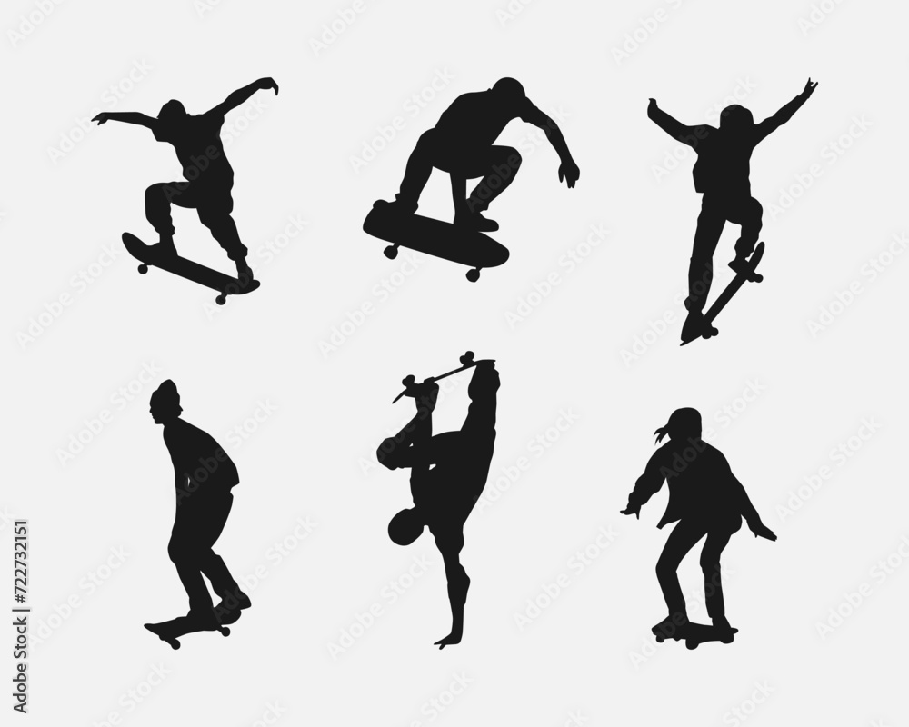 silhouette set of skateboarder. sport, skateboard. vector illustration.