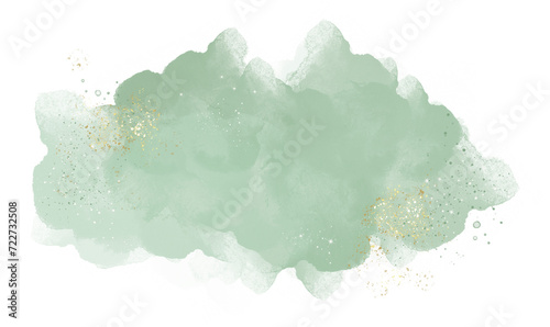 Pastel green modern watercolor brush stroke splash with luxury golden frame and glitter gold lines round contour frame for banner or logo wedding elements